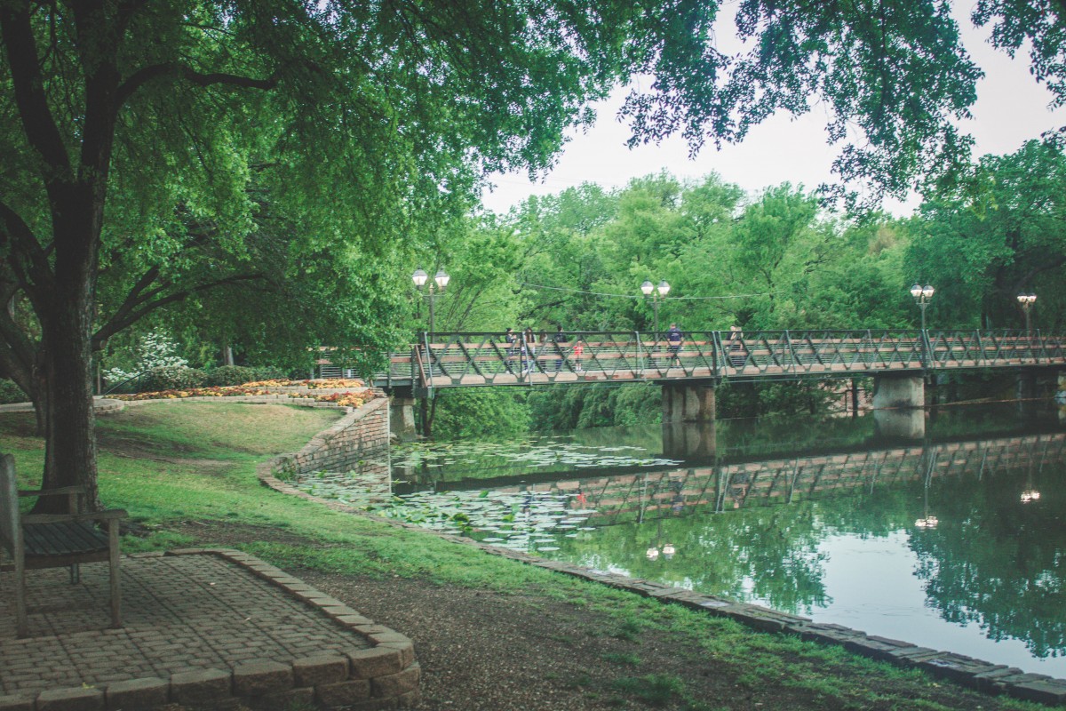 Exall Lake in Dallas right along Turtle Creek Park. Green water with lilypads that stretch towards the drop of a waterfall. 