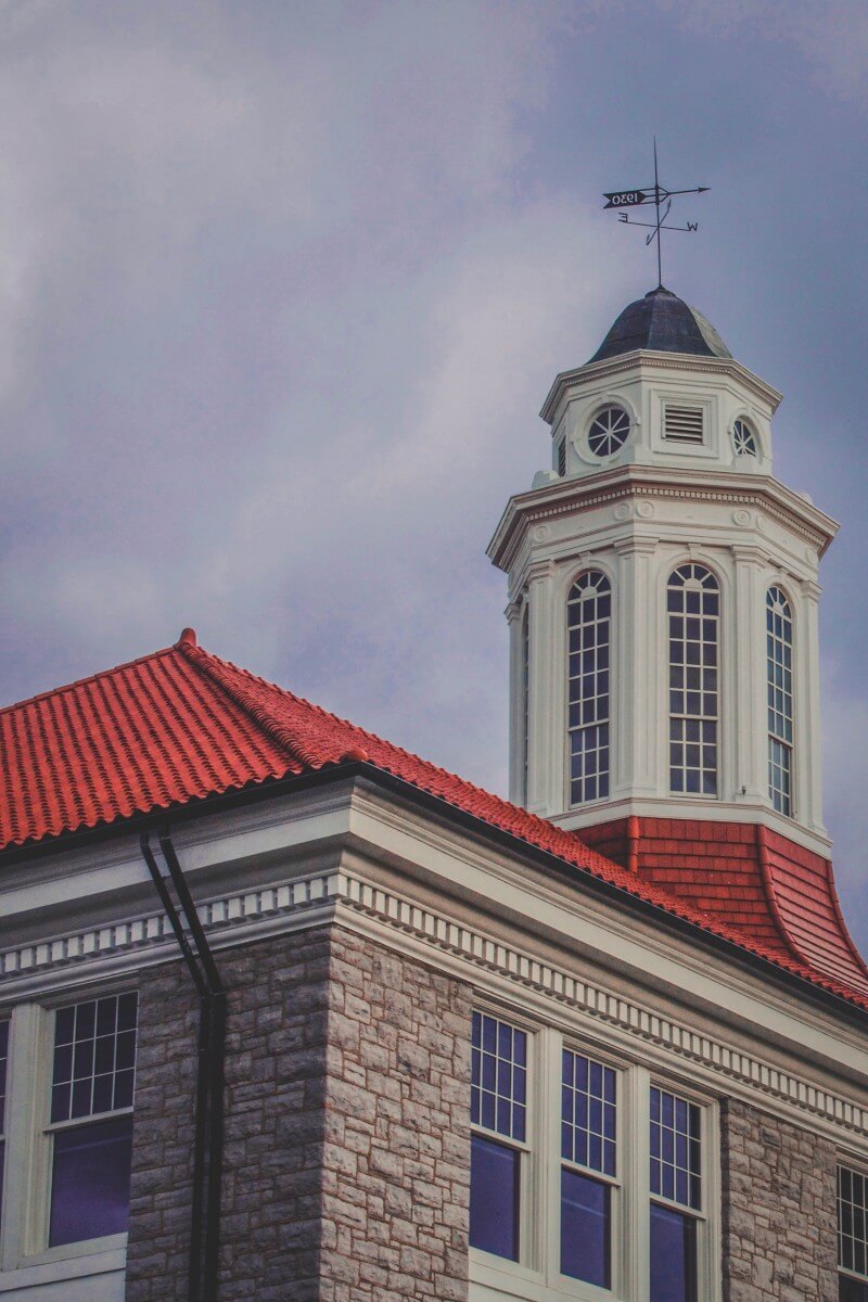 James Madison University top of building (red roof)
