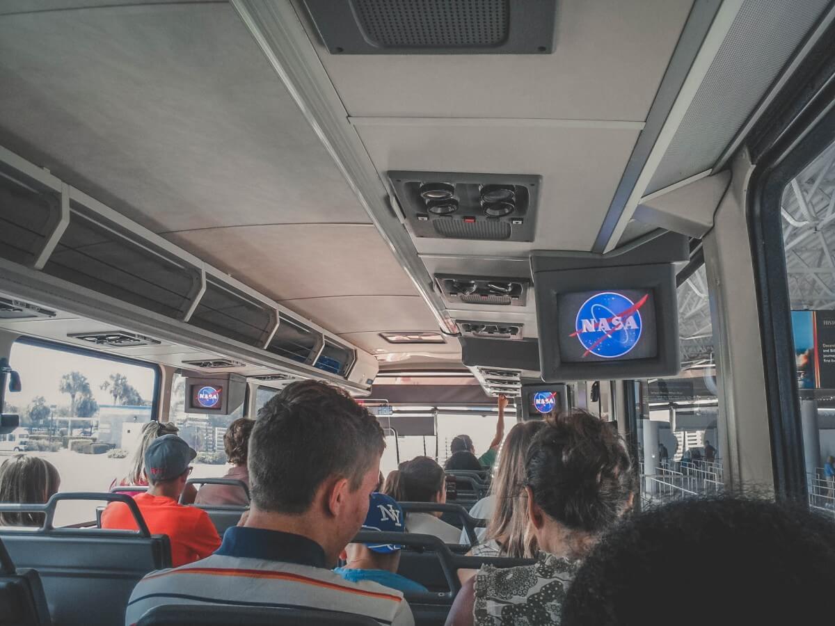 Inside Kennedy Space Center bus tour from 2012. These are the old screens with the NASA logo. 