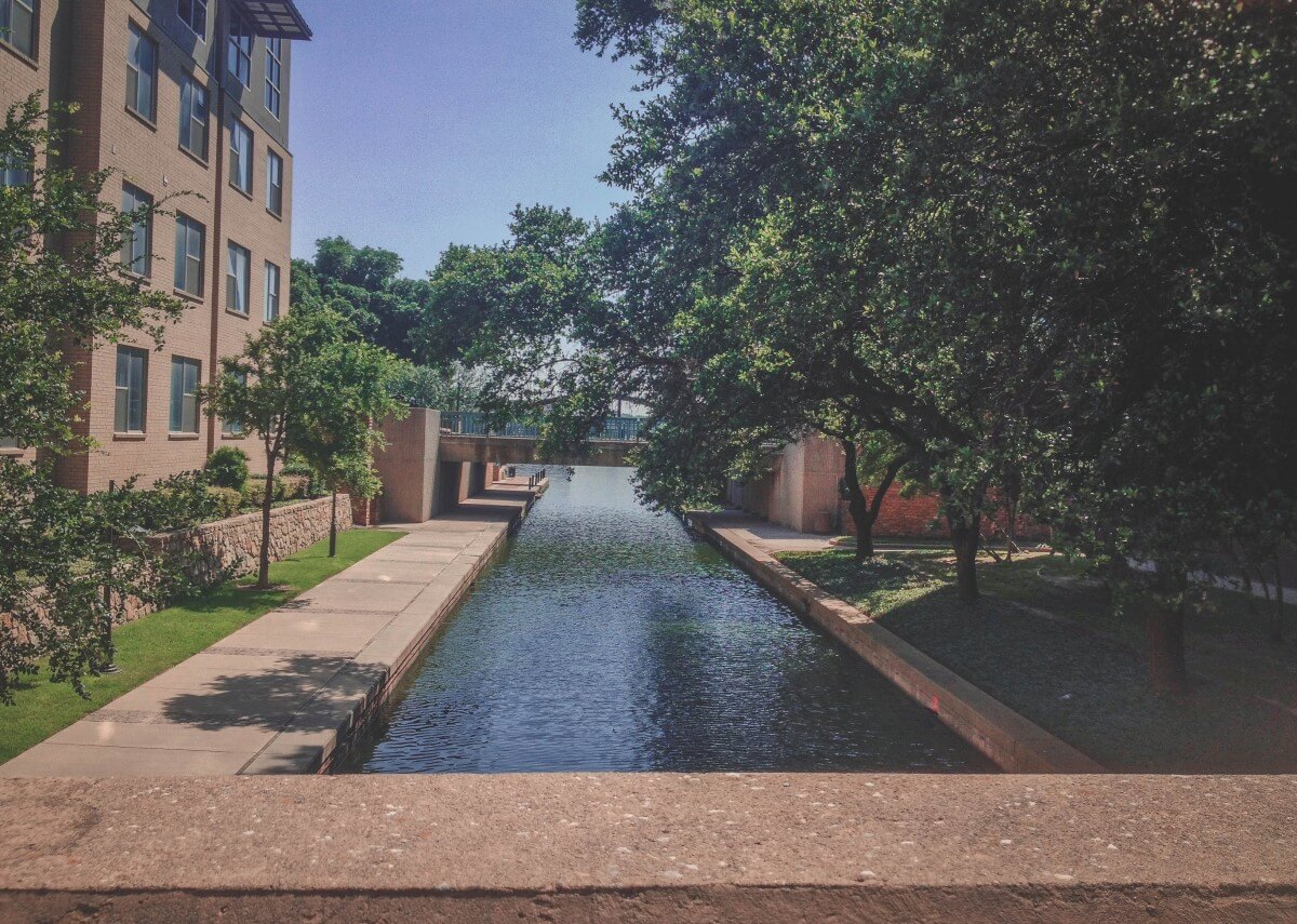 View from above Las Colinas canal bridge