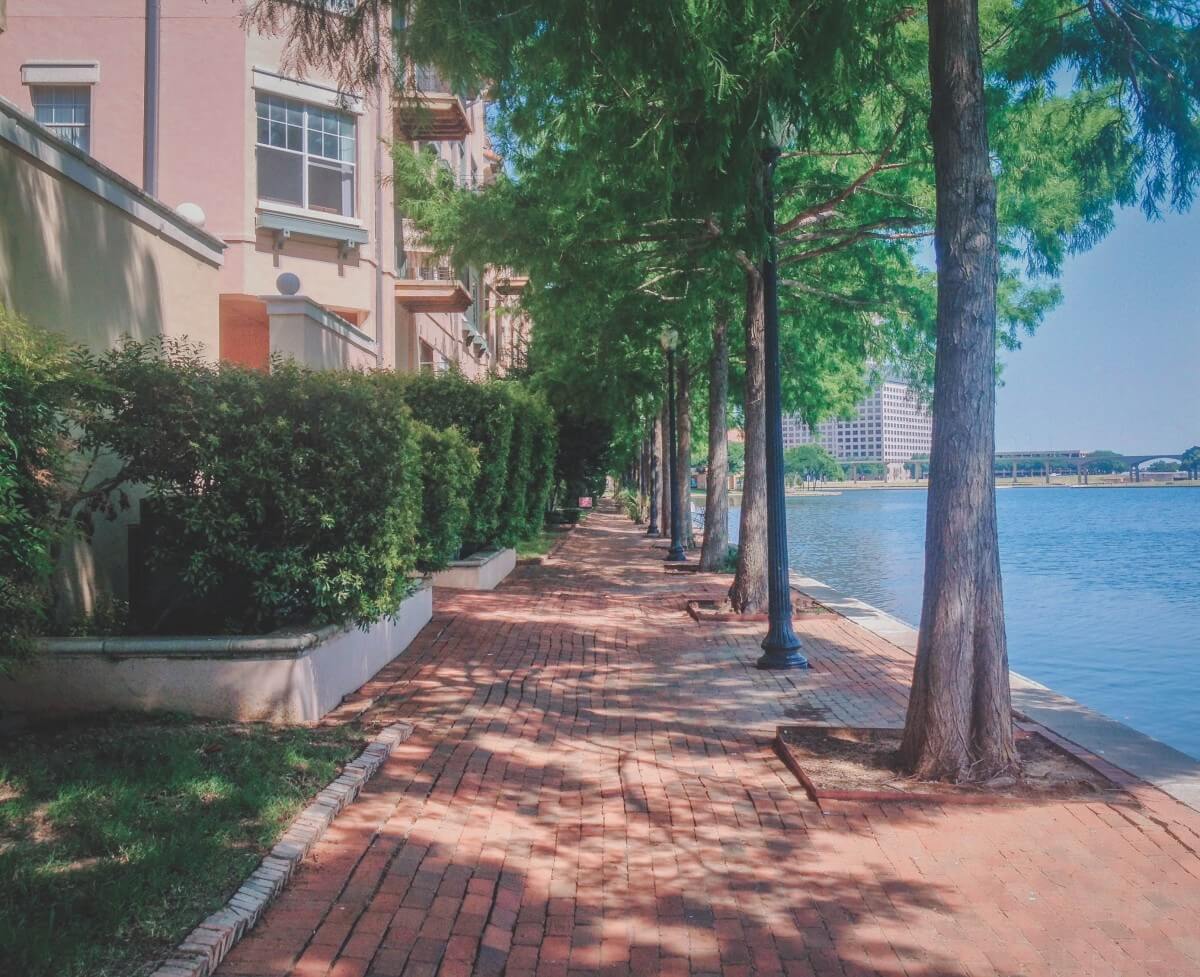 pink apartments by Lake Carolyn