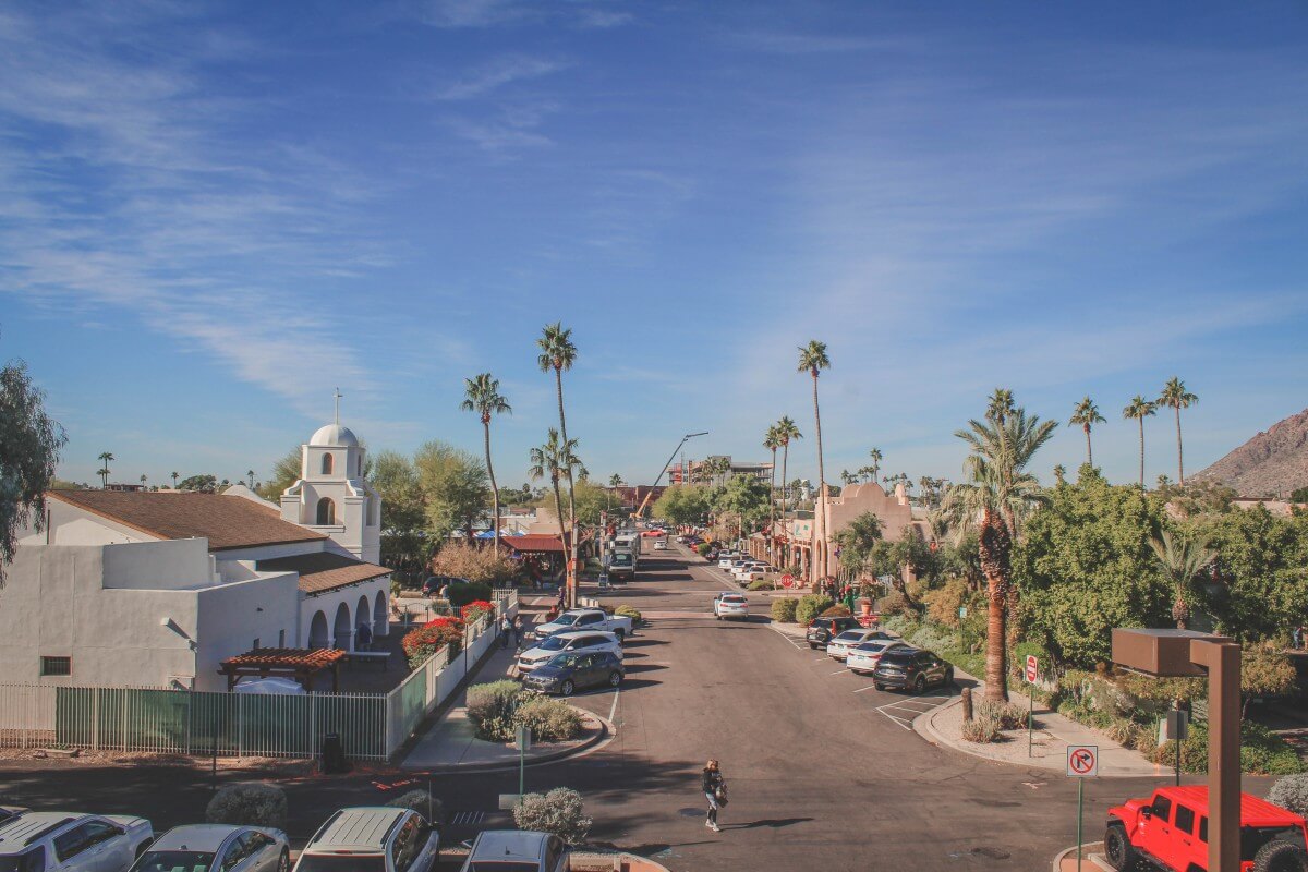 A high-above view of Old Town Scottsdale (taking from the very top of a parking garage)