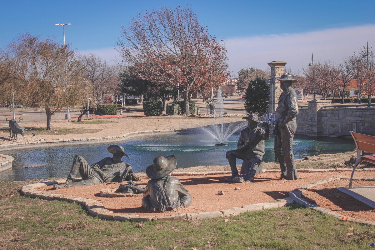 Statues at the self-guided history tour at the Center At Preston Ridge
