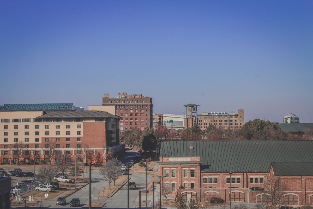 Street of small to mid-sized buildings in Omaha
