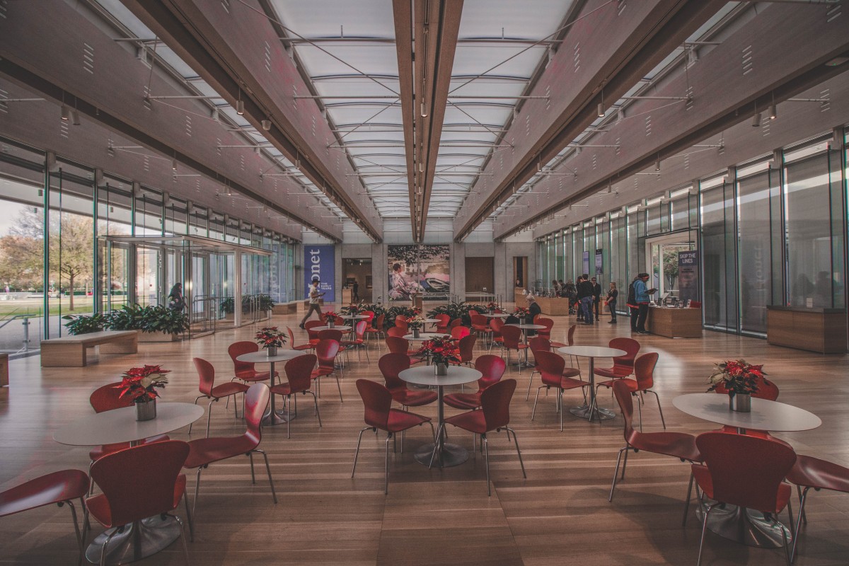 One of the most surprising places to eat in Fort Worth is the Kimbell. Here is the empty Kimbell cafe area.