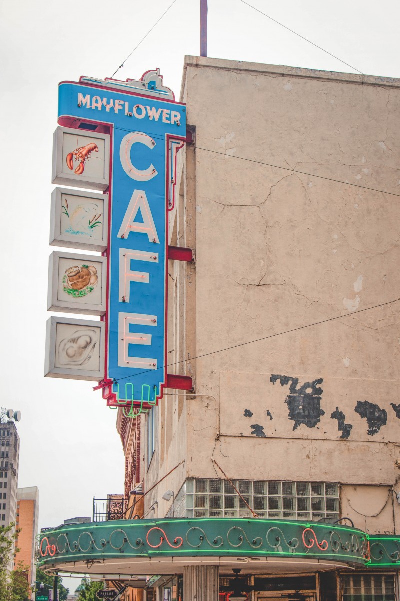 sign for Mayflower Cafe, a dinner restaurant in Jackson Mississippi