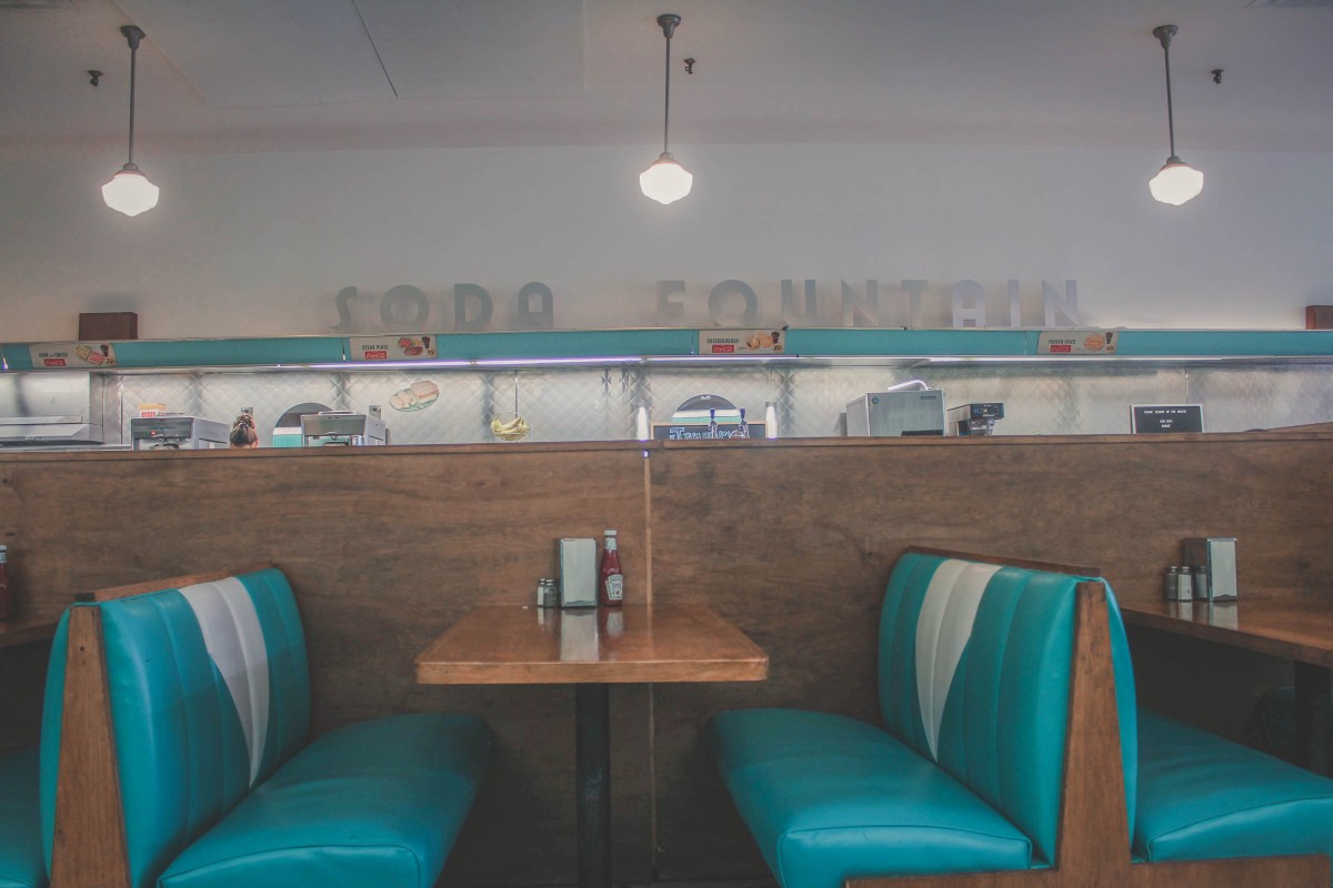 Brent's Drugs soda fountain blue booths from The Help