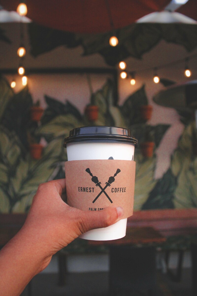 coffee shops in Palm Springs: pistachio rose oatmilk latte hot from Ernest Coffee