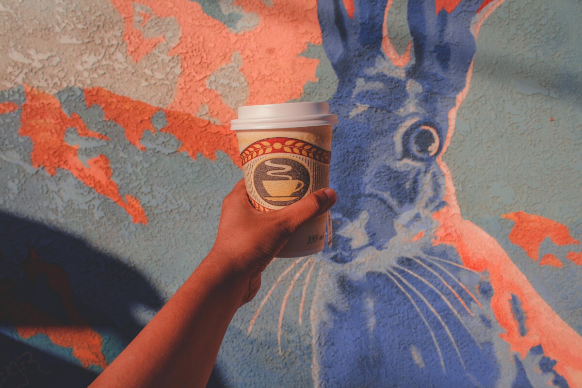 rabbit mural and a cup of coffee in Joshua Tree