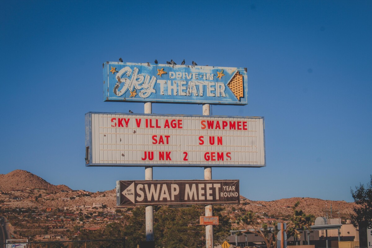 sign for Sky Village swap meet, a weekly weekend Joshua Tree weekend