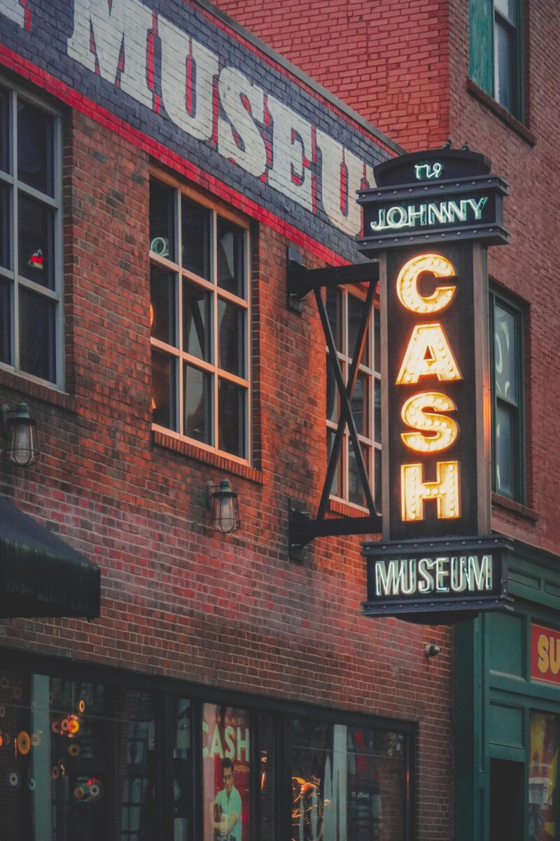 iconic, vertical lit Johnny Cash Museum sign