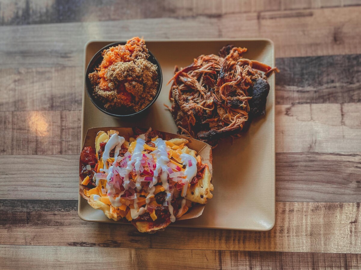 two sides and a meat from Sauced BBQ, one of the best restaurants in Santana Row for lunch