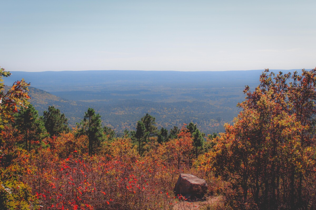 hazy, hilly view along Talimena Scenic Byway, one of the best views you can see on a day trip from Dallas