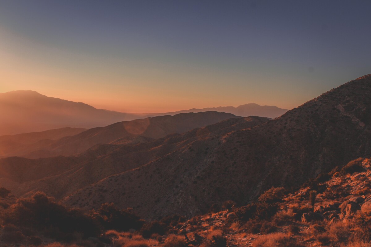 Keys View San Gorgonio Mountain at sunset: soft orange sunset at Keys View