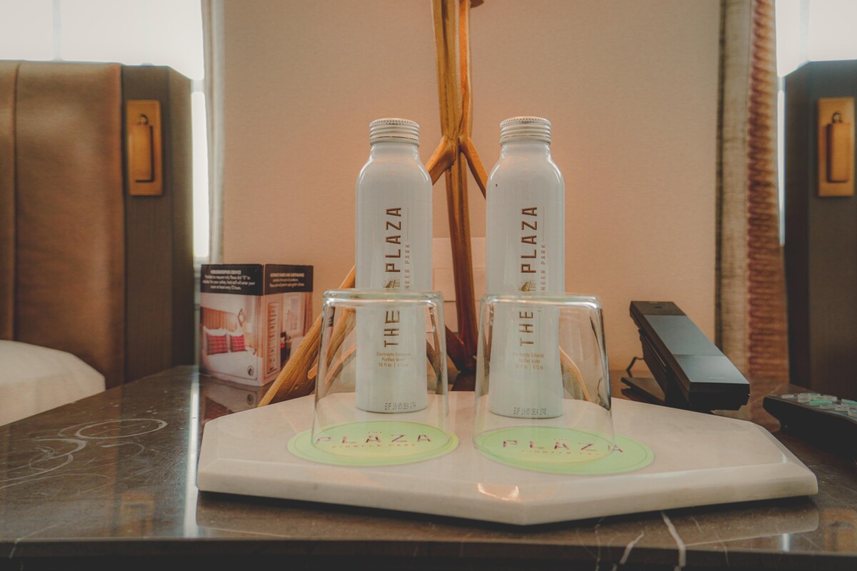 water bottles with The Plaza Hotel Pioneer Park branding