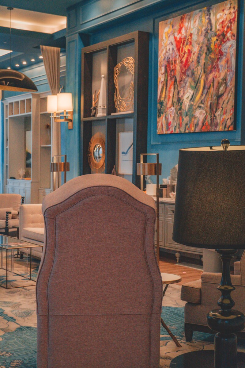 stunning blue lobby of The Elyton Hotel Birmingham