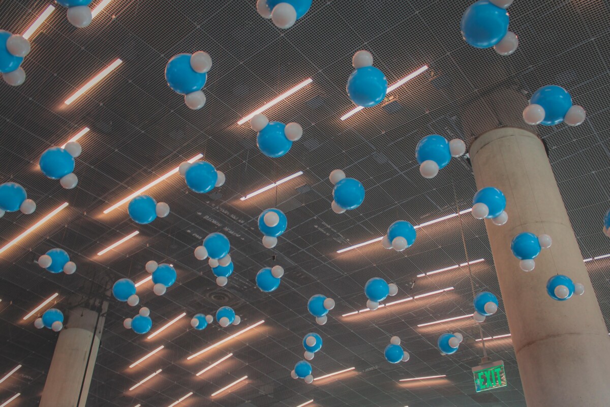 water molecules suspended in the lobby of the Perot Museum