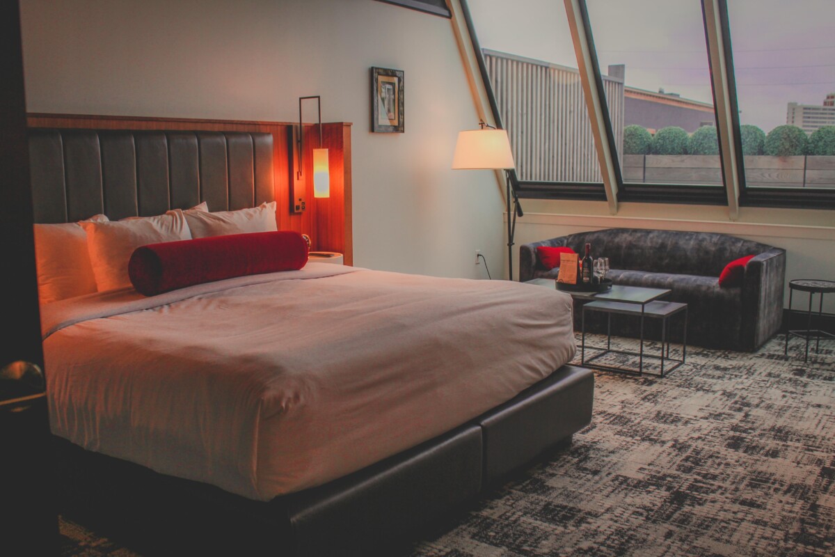 beautiful 600 square foot Terrace King Room with king bed at the Bottleworks Hotel in Indianapolis