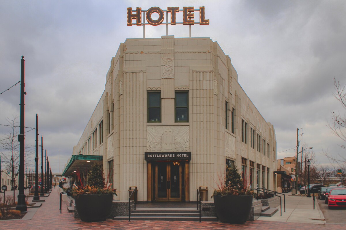 exterior terracotta facade of Bottleworks Hotel in Indianapolis