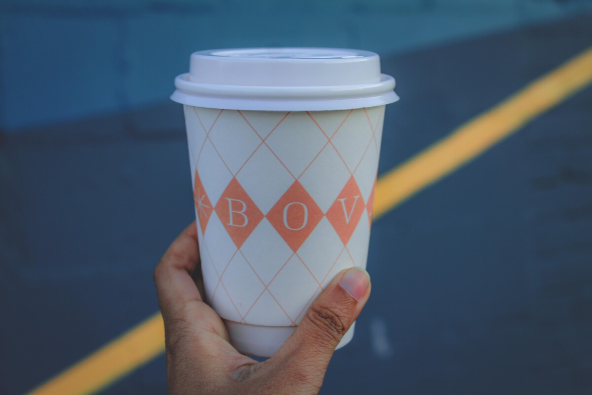 Bovaconti Coffee cup, outside Bovaconti, one of the prettiest coffee shops in Indianapolis