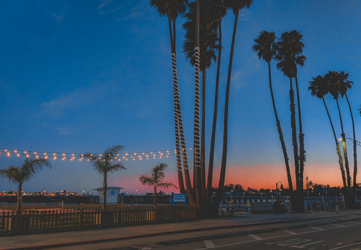 Santa Cruz beach, one of the nearest beaches to San Jose, at dawn, night lights glowing up the beach boardwalk, palm trees swaying